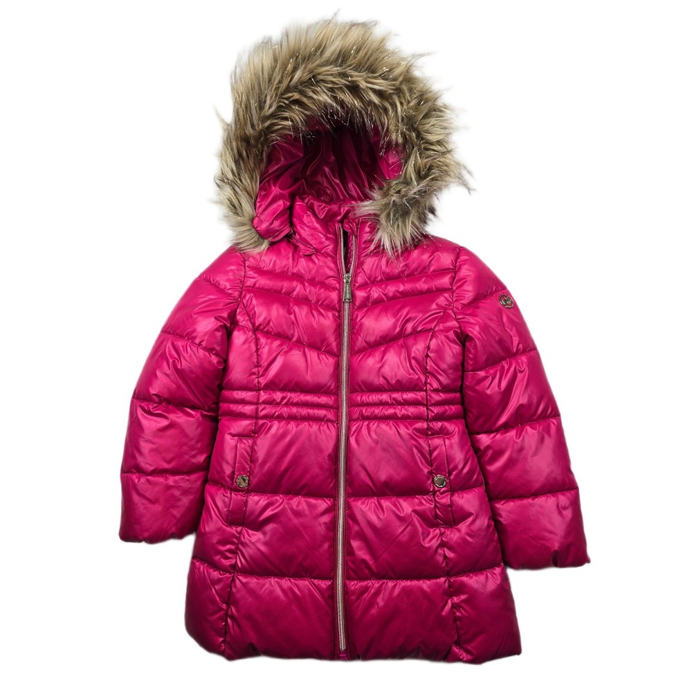 Michael Kors Puffer Jacket Girls 5/6 Pink Faux Fur Removable Hood Coat